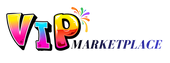 Colorful 'VIP Marketplace' logo with a decorative element on a white background