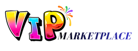 Colorful 'VIP Marketplace' logo with a decorative element on a white background